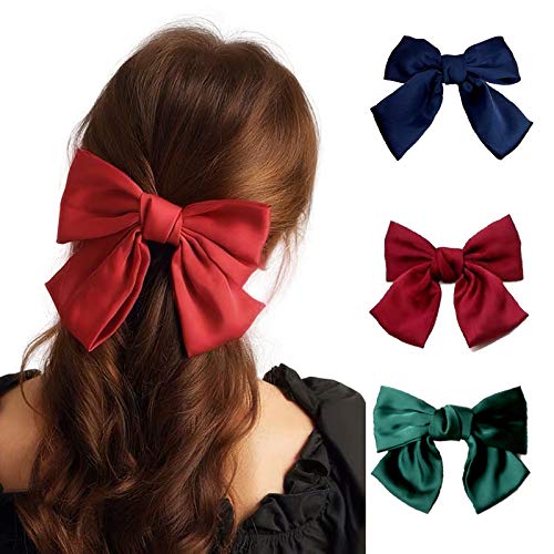 3 pcs Big Bow-knot Hair Clips Oversized Satin Bow Barrettes Girls Fashion Elegant Hair Accessories Teen Decoration Bun in Party Meeting Dance Performance.(Green+Red+Black)