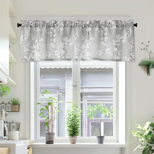 Image of FMFUNCTEX Gray-White Kitchen Valance Curtain 15-inches Length Blossom Print Canvas Window Curtain Valance for Cafe Floral Botanical Pattern Window Top Curtain Rod Pocket 1 Pack
