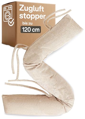 Praknu Zugluftstopper für Fenster bis 120cm - Waschbar - Energiesparend - Extra Lang & Schwer - Auch für breite Türen - Beige