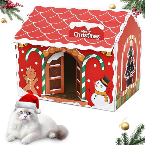 Christmas Cat Scratcher House, Cat Cardboard House Easy to Assemble Durable and Spacious Includes Christmas Cover and Cat Claw Board for Indoor and Outdoor Use