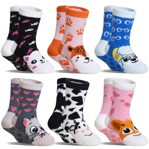 Kids Fuzzy Slipper Socks with Grips Children Boys Girls Toddlers Non Slip Warm Winter Cozy Fluffy Thermal Cute Socks 6 Pairs