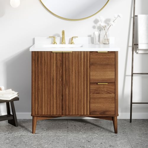 OVE Decors Indy 36 in. Undermount Single Sink Bathroom Vanity with White Engineered Marble Top, Warm Walnut
