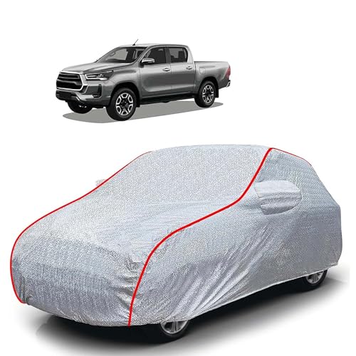 Image of Sulfar 100% Waterproof Car Body Cover Compatible with Mirror for Toyota Hilux (Triple Stitched, Full Bottom Elastic, Magic Silver with Red Piping)