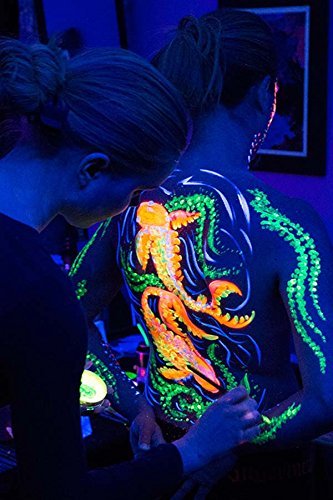 [6 Bottles, 1 oz. Each] Body Paint Glow Blacklight Reactive Neon Fluorescent Paint - Safe For Skin - Washable - Non-Toxic - Six Colors Kit