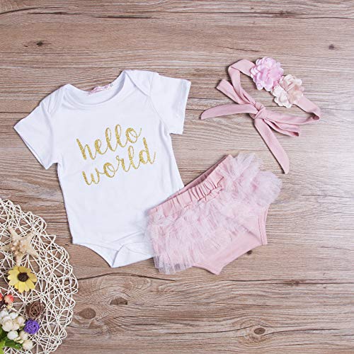 Newborn Baby Girl Hello World Outfit Short Sleeve Romper Tulle Pant Cute Flower Headband 3Pcs Spring Clothes Set3