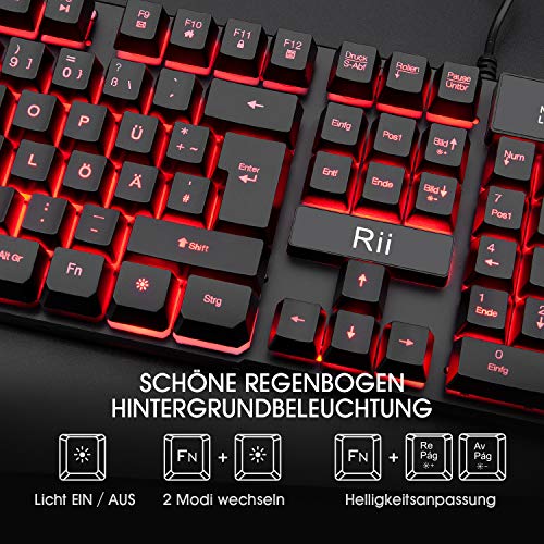 Rii Gaming Tastatur und Maus Set, 3 LED Hintergrundbeleuchtung, ideal für Gaming und Büro, Kompatibel mit PC (DE-Layout, Schwarz) 4