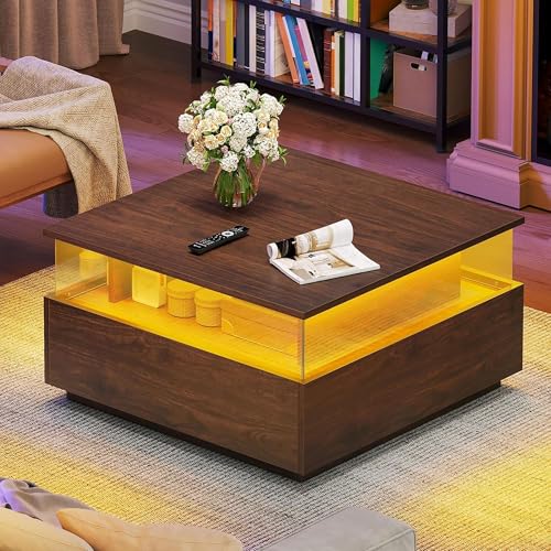 YITAHOME LED Coffee Tables for Living Room, Modern Square Coffee Table with Storage 2 Drawers, Acrylic Glass Coffee Table Farmhouse Wood Center Table, Brown