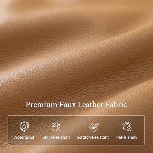 Image of Vesgantti 100 inch Faux Leather Sofa with Movable Ottoman, Large 3 Seater L Shaped PU Leather Couch with Side Pocket, Comfy Mid Century Modern Modular Sectional Sofa for Living Room, Apartment, Camel