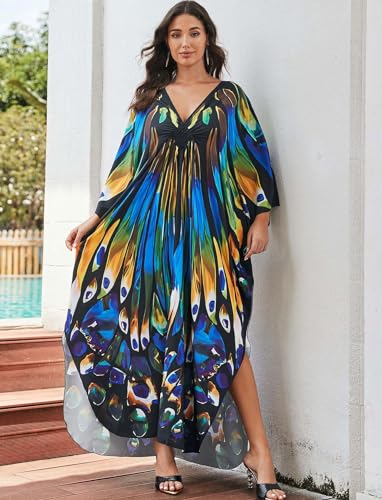 Image of KECVOT Kaftan Dresses for Women Plus Size Batwing Sleeve Caftans Long Bathing Suit Cover Up Maxi Beach Dress Loungewear