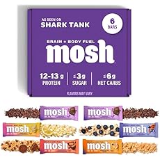 MOSH Blueberry Almond Crunch Keto Protein Bars, High Fiber, Low Carb, Gluten Free, High Protein, Brain Healthy Snack, 12 Count