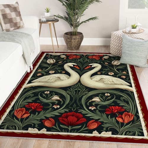 Carpette artistique fleurs et cygne élégante 60x90cm au toucher doux