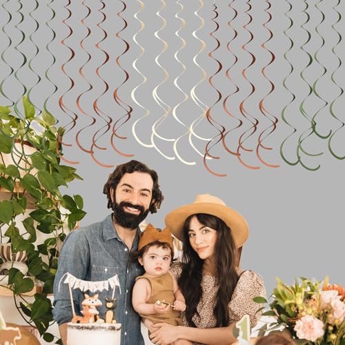 Image of 36 Pcs Jungle Hanging Swirl Decorations Sage Green Brown Beige Felt Swirl Streamer Spiral Ceiling Garland for Safari Jungle Woodland Wild One Birthday Neutral Baby Shower Party Decorations Supplies