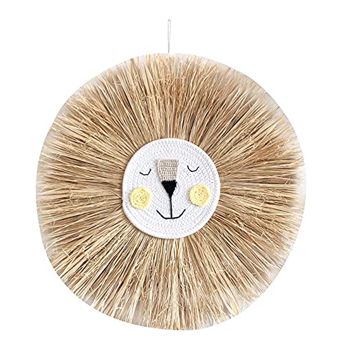 Ingzy Raffia Wall Pediment Cute Animal Head Wicker Wall Hanging Tassel Beard Lion Macrame Pendant for Nursery Room Kindergarten Decoration