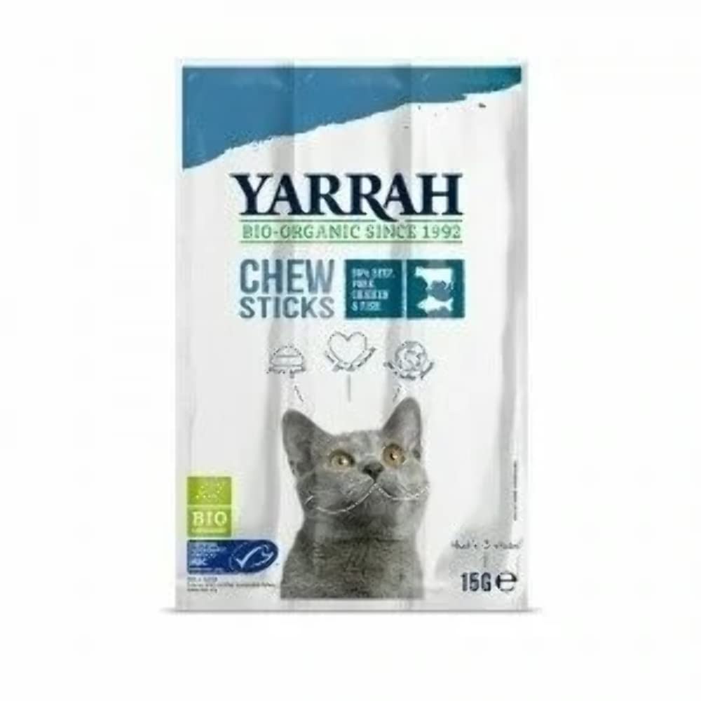 YARRAH Organic Chewstick for Cats - Delicious Cat Snack - Three Chewsticks with Beef & MSC Fish - For All Types of Cats, from Kittens to Older Cats - 15gr