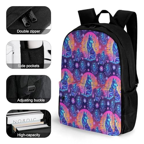 Womens Fashion Backpack, Galaxy Starry Floral Flowers Wolf Comfortable Versatile Commute Backpack with Side Pockets, Reusable Daypack for Travel3