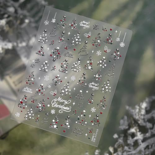 Image of Christmas Nail Stickers Holly Snowflake Nail Decals Silver Nail Art Decals | Festive Red & Green Xmas Tree Nail Stickers, 5D Embossed Self-Adhesive Decals for Women Holiday Season Manicure Charms Supply