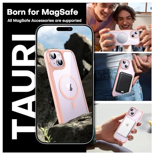 Image of TAURI for iPhone 14 Case, Compatible with MagSafe, Pink | with Screen Protector, Not-Yellowing Military-Grade Protection, Shockproof Slim Magnetic Case for iPhone 14