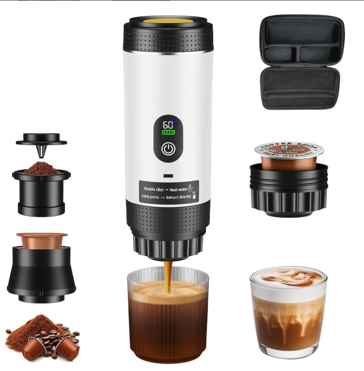 Cafetera Portátil 20 BAR, Batería 7500mAh USB-C, 3 en 1 para Nespresso/Dolce Gusto/Café Molido, Pantalla Inteligente, Compacta para Viaje, Oficina, Camping, Blanco