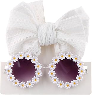 Katze Hund Sonnenbrille Mode Blume Sonnenbrille mit Schleife Stirnband Haar Scrunchy Sommer Strand Hund Sonnenbrille Niedlich Hund Katze Cosplay Party Kostüm Foto Requisiten (Weiß) product image