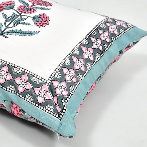 Image of BLOCKS OF INDIA Hand Block Printed Cotton Linen Cushion Cover (16 x 16 inches) (SEA Green Motifs)