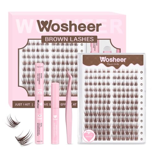 Wosheer Brown Lash Clusters Kit Eyelash Extensions Kit Wispy Individual Lashes and Natural Lashes Kit DIY Lash Extension Kit D Curvature (8-16mm Merieda Kit)