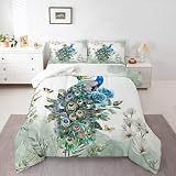 Picture of Homewish 3D Peacock Comforter Set,Peacock Bird Floral Bedding Set for Kids Girls Women,Adults White Flowers Comforter,Retro Chinese Style Quilted Duvet Set Bedroom Collection Twin Size 2Pcs