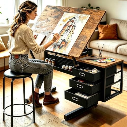 Drafting Table with Stool & 3 Storage Drawers for Adults Rustic Brown