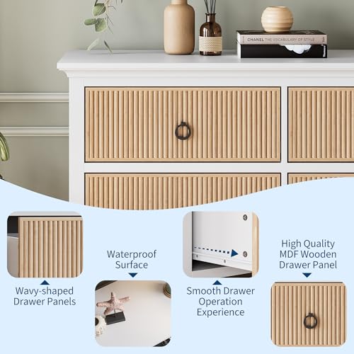 GAOMON 6 Drawer Dressers for Bedroom, Modern Long Dresser Chest with Large Drawer, Waveform Fluted Panel Design, Wooden Chest of Dresser Storage Cabinet Organizer, Antique Profile, Anti-Tipping