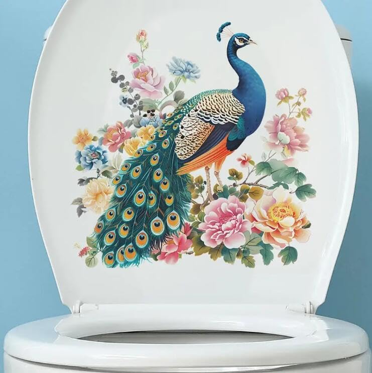 Christmas Peacock Peony Flower Toilet Cover Sticker Decals Waterproof Toilet Lid Tank Seat Decals Cistern Self-Adhesive Bathroom Wall Sticker