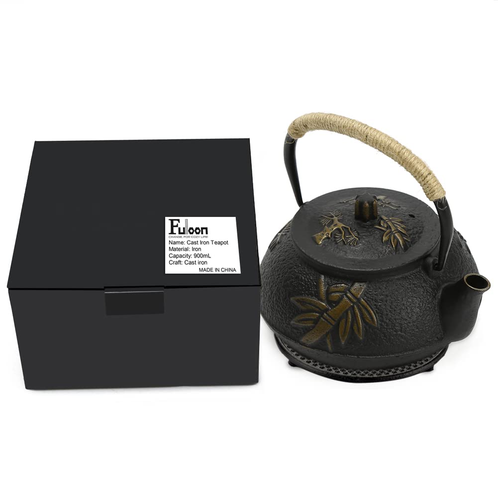Juego de colador de infusor de Tetera de Hierro Fundido para Tetera Japonesa Patrón de Hojas Chinas con Filtro de Acero Inoxidable 30oz/0.9L (Hoja China)