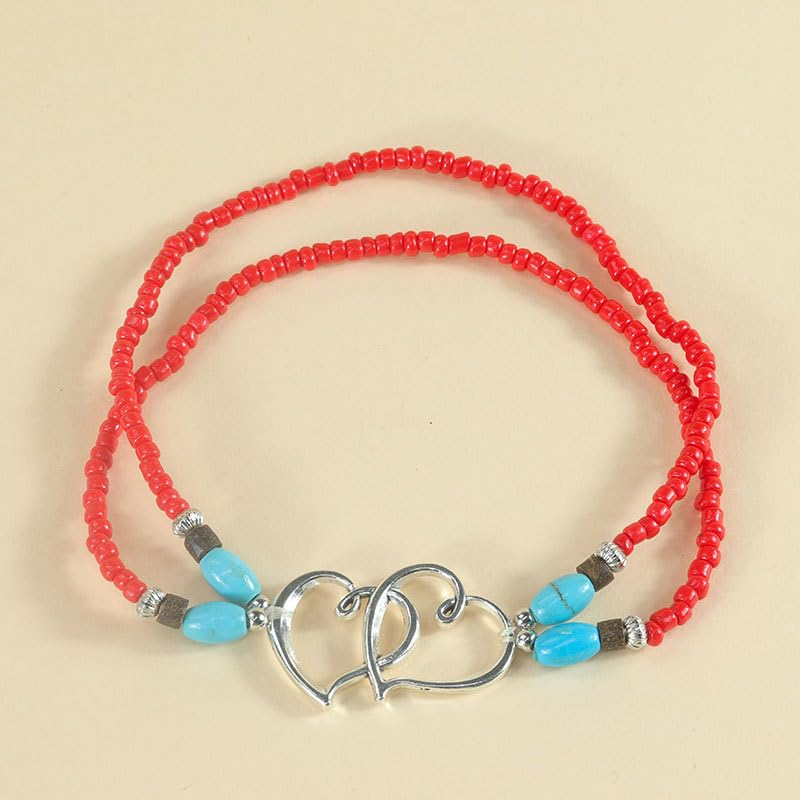 Image of Elastic Beaded Ankle Bracelets for Women Double Heart Layered Stretch Ankle Bracelets Waterproof Dainty Boho Beaded Anklets for Summer Beach Foot Jewelry