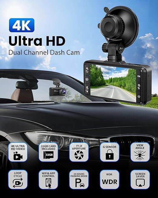 Dashcam Oryzom 4K Pro - Double Caméra (avant/arrière) - Vision Nocturne, Surveillance Parking 24h/24 - Modèle 2025