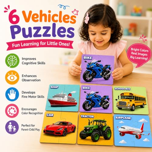 Image of Wooden 6-in-1 Educational Toy Set for Kids - Fruit & Animal Learning Toys, Montessori Wooden Puzzle & Matching Game, Educational Activity Toy for Toddlers and Preschoolers (Car)