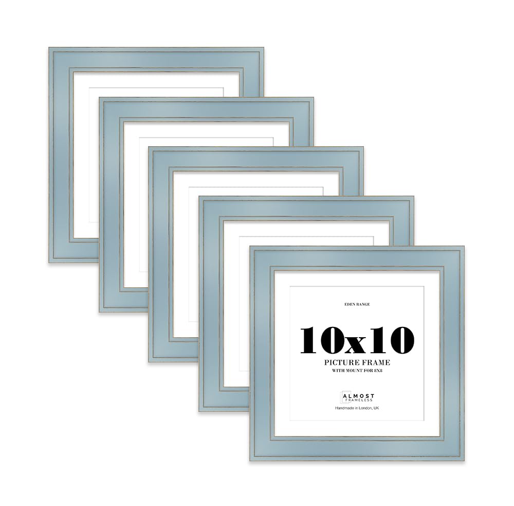 10x10" Cornflower Blue Square Picture Frame with 8x8" Mount - Shabby Chic Photo Frame with Distressed Finish, Gold Trim, Wall Hooks and Kickstand, 37mm Edge - 5 Pack