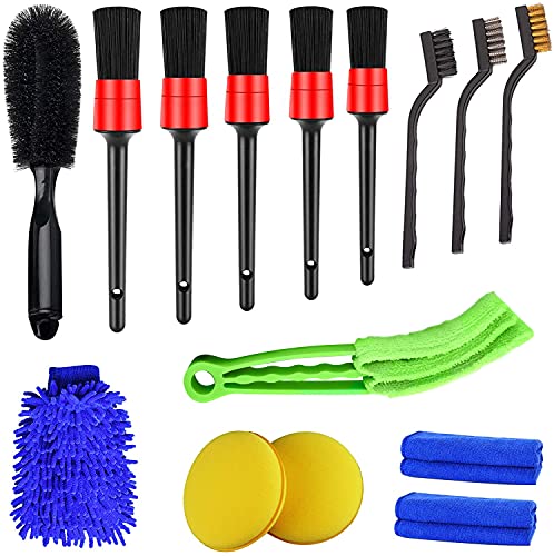 QeeHeng Lot de 15 brosses de nettoyage pour voiture, pour le nettoyage des roues, de l'intérieur, de l'extérieur, du cuir, comprend 5 brosses en poils de sanglier, 3 brosses métalliques