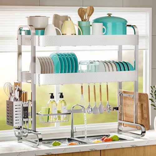 Image of HOWDIA 3-Tier Over The Sink Dish Drying Rack, 304 Stainless Steel Dish Rack with Honeycomb Design, Cutlery Holder & Chopping Board Rack, 33.86 inch x 11.81 inch x 33.07 inch for Maximum Kitchen Storage