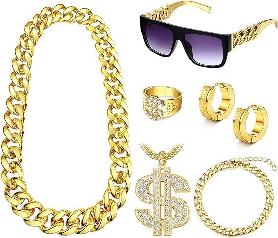 ChicAbode Hip Hop Costume Kit, Hip-hop Charm Punk Necklace Glasses Ring Bracelet Set for Men Women, Gold Necklace Glasses Set, 80s 90s Costume Jewelry for Men Rapper Themed Party Outfits Accessories
