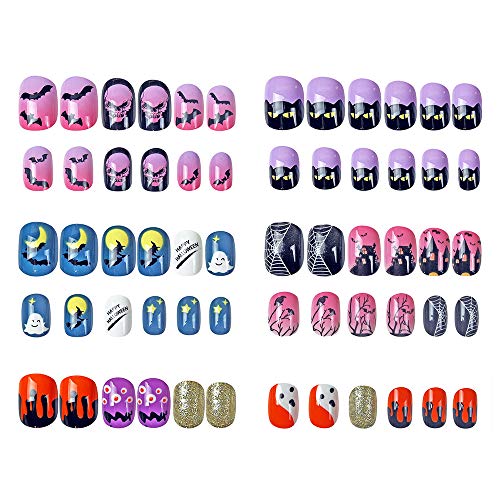 120Pcs 5 Pack Children Kids False Nails Press on Pre-glue Full Cover UV Topcoat Short False Nail Multiple Colour Nail Set (Halloween)