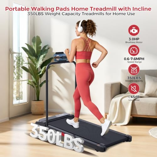 MCRG Walking Pad with Incline, Portable Treadmill with Handle Bar for Home, 3.0HP Electric Home Walking pad Treadmill, 0.6-7.6MPH Mini Under Desk Treadmills for Exercising with Handles Incline, 350LBS