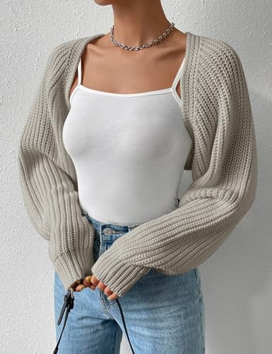 Image of Women's Long Sleeve Open Front Knitted Crop Cardigan Drop Shoulder Knit Bolero Shrug Sweater