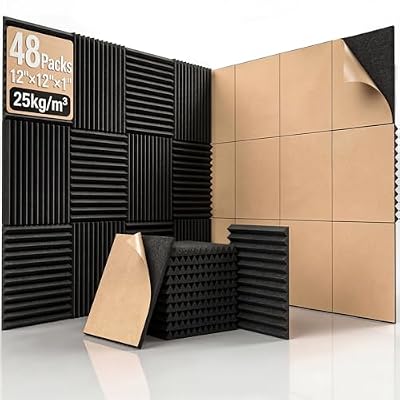 HERTBER Self-Adhesive Acoustic Foam Panels, 12" x 12" x 1" Sound Proofing Padding for Wall, High Density Sound Absorbing Panels for Studio & Home Office 48 Pack