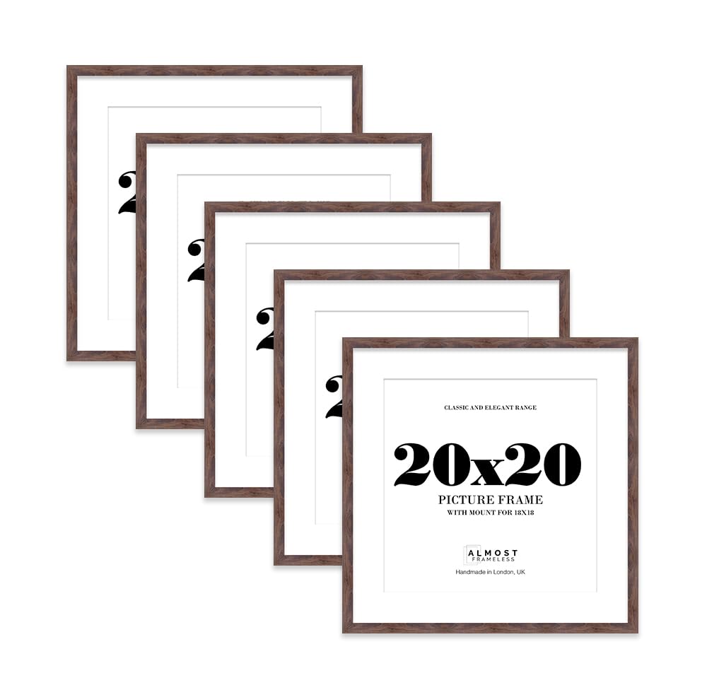 20x20 Walnut Picture Frame with Mount for 18x18 Photos, Prints - Modern Square Wall Frame, Set of 5