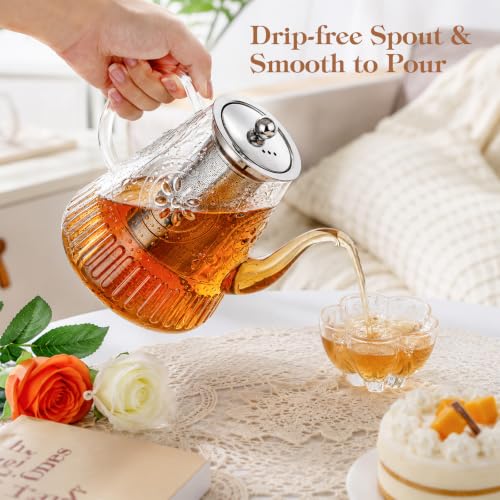 Image of 1500ml /52oz Large Glass Teapot, Zpose Vintage Tea Pot with Infuser for Loose Tea, Stovetop Glass Tea Kettle with strainer for 6-7 Cups