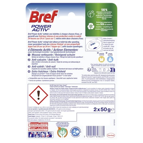 Bref WC Power Activ' Océan - Nettoyant Anti-Calcaire Mousse - Fraîcheur Intense Anti-Saleté - 4 Éléments Actifs - 2 Bloc