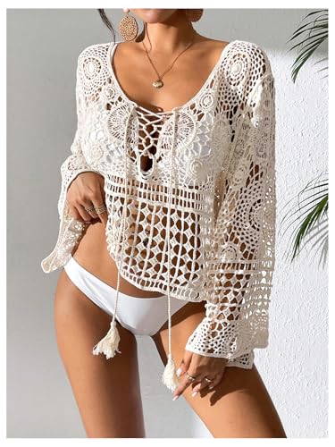 SweatyRocks Women's Hollow Out Crochet Swimsuit Coverup Bell Long Sleeve Loose Cover Up Top4
