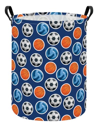 Image of Round Laundry Basket Collapsible Storage Hamper Organizer Ball Sports | Waterproof Canvas Foldable Baskets with sturdy Handles Multi-scene Organizer for Home Play Bedroom Gift Bin