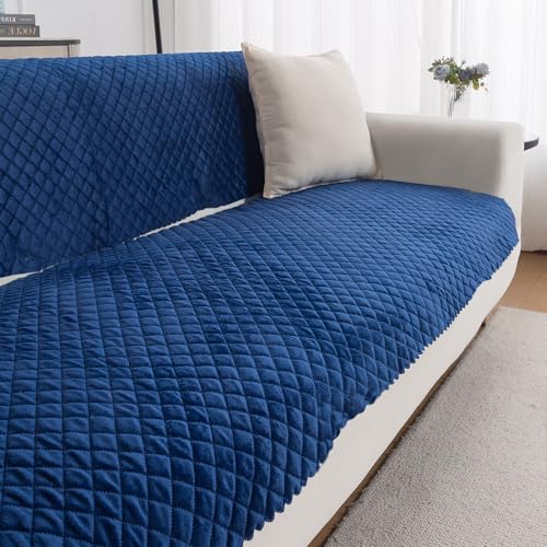 Image of HOKIPO Quilted Sofa Cover 3 Seater for Seat & Back, Washable Kids & Pet Friendly Sofa Cover, 'Quilt Classic' Navy Blue (IN-927-NBL*2)