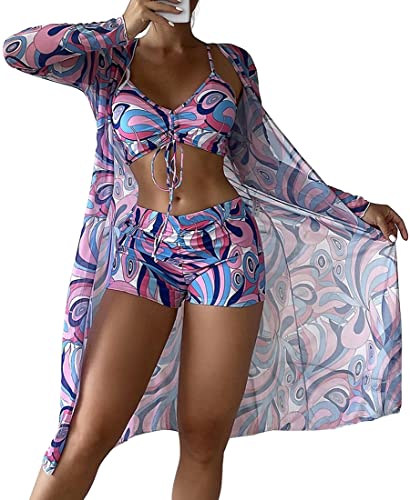 PANOZON Femme Maillot de Bain 3 Pièces Imprimé avec Bikini Shorty Veste Taille Haute Bikinis Sexy Push Up(L,Violet)