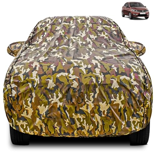 Image of FABTEC Car Body Cover for Tata Tigor Jungle Print with Soft Cotton Lining Waterproof Car Cover UV & Rain Protection with Mirror Pocket Bottom Elastic (Military /Camouflage Pattern)