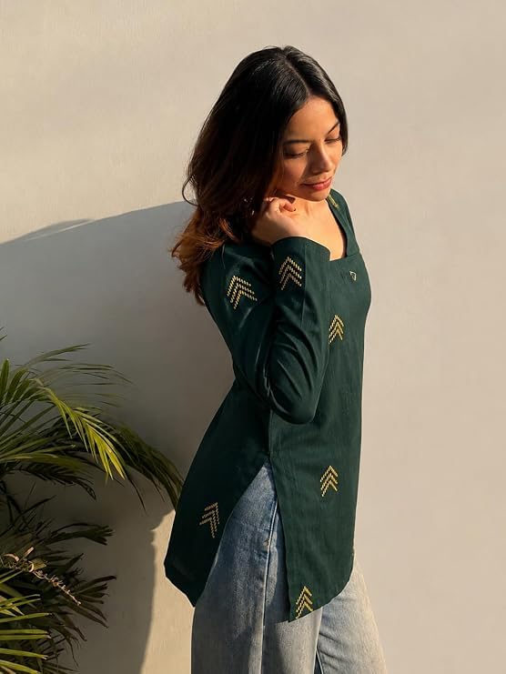 Image of ANNI Designer Viscose Printed Regular Short Kurti for Women | Viscose Green | Full Sleeve | Square Neck | Ethnic Wear Casual Wear